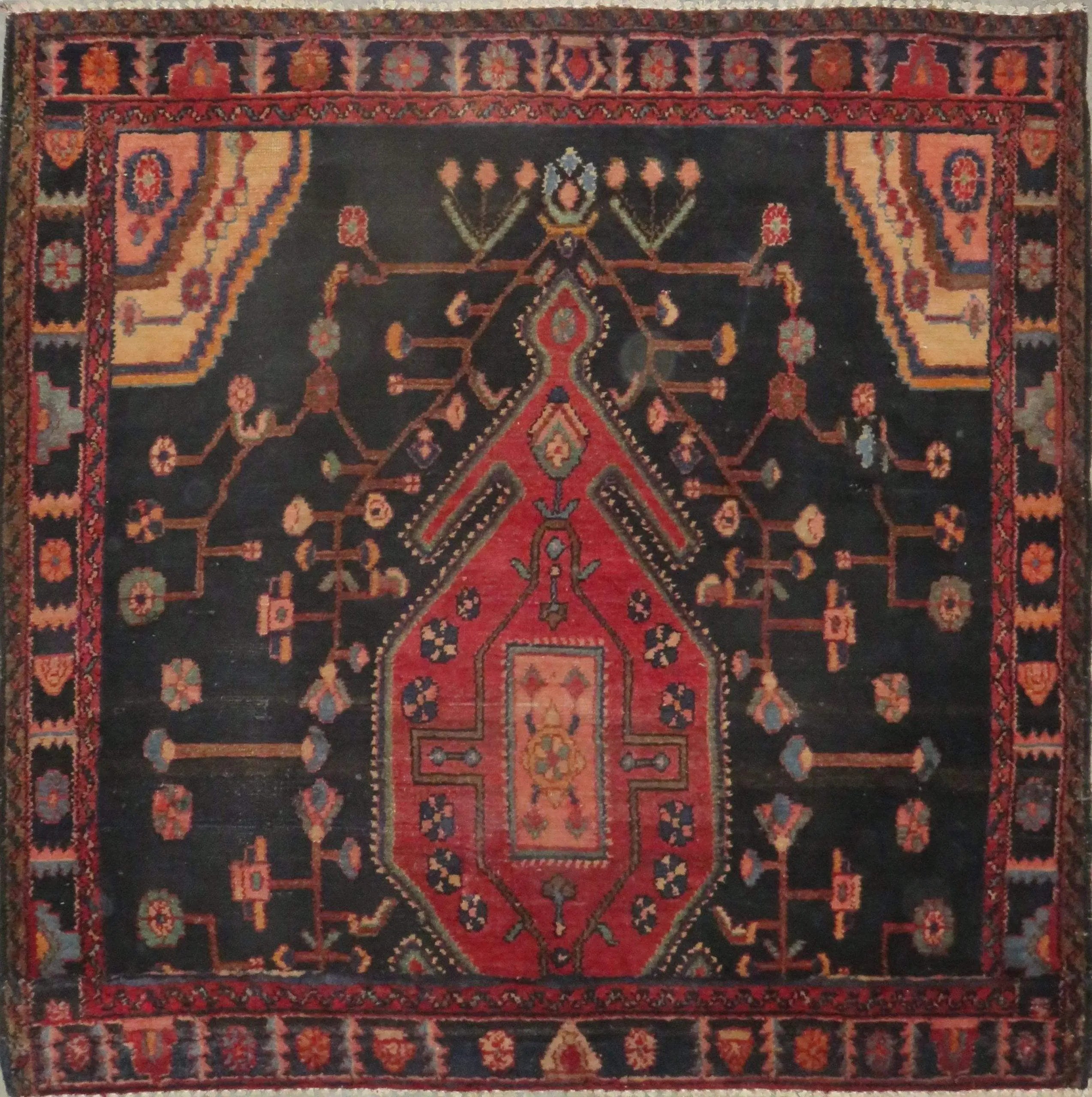 One Of The Kind Hand-Knotted Persian Wool Rug _ Luxurious Vintage Design, 4'3" x 4'2", Artisan Crafted